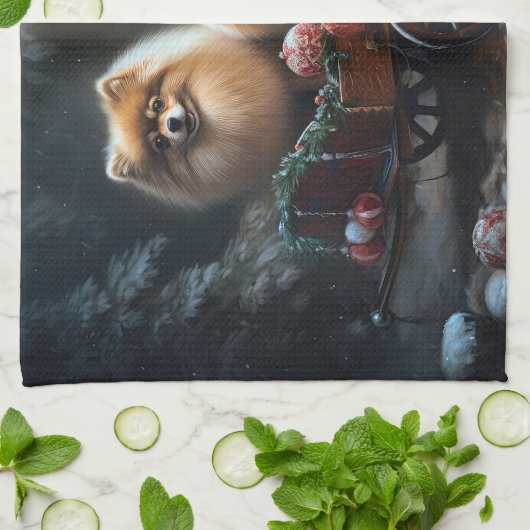 ポメラニア犬スノウリースレイクリスマスデコール キッチンタオル (折り畳み)