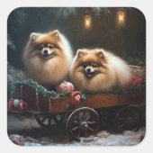 ポメラニア犬スノウリースレイクリスマスデコール スクエアシール (正面)