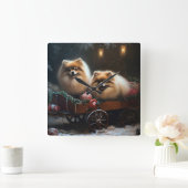 ポメラニア犬スノウリースレイクリスマスデコール スクエア壁時計 (ホーム)