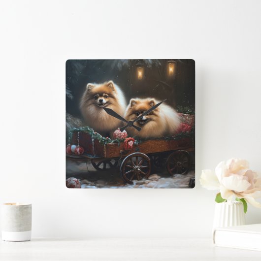 ポメラニア犬スノウリースレイクリスマスデコール スクエア壁時計 (ホーム)