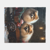 ポメラニア犬スノウリースレイクリスマスデコール フリースブランケット (正面(横))
