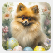 ポメラニア犬ドッグとイースターエッグホリデイ スクエアシール (正面)