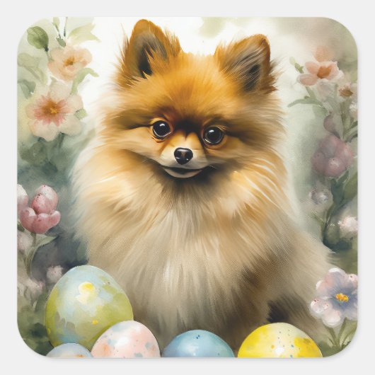 ポメラニア犬ドッグとイースターエッグホリデイ スクエアシール (正面)