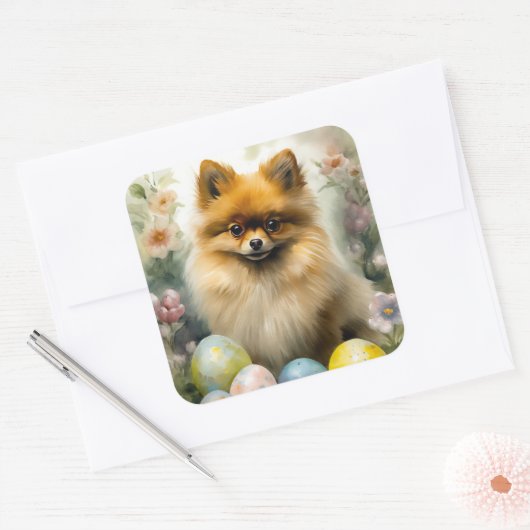 ポメラニア犬ドッグとイースターエッグホリデイ スクエアシール (封筒)
