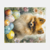 ポメラニア犬ドッグとイースターエッグホリデイ フリースブランケット (正面(横))
