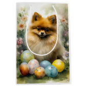 ポメラニア犬ドッグとイースターエッグホリデイ ミディアムペーパーバッグ (正面)