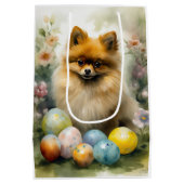 ポメラニア犬ドッグとイースターエッグホリデイ ミディアムペーパーバッグ (裏面)