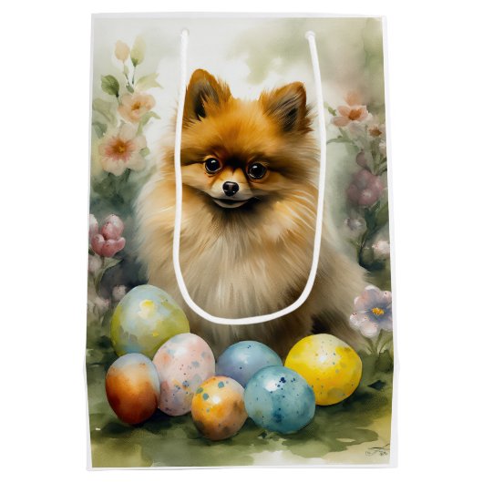 ポメラニア犬ドッグとイースターエッグホリデイ ミディアムペーパーバッグ (裏面)
