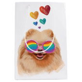 ポメラニア犬ドッグとハートバレンタインデー ミディアムペーパーバッグ (正面)