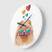 ポメラニア犬ドッグとハートバレンタインデー ラージ壁時計 (傾斜)