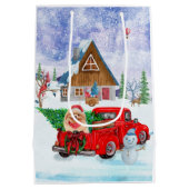 ポメラニア犬ドッグのクリスマスデリバリートラック雪 ミディアムペーパーバッグ (裏面)