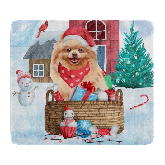 ポメラニア犬ドッグインスノークリスマスドッグ カッティングボード (正面)