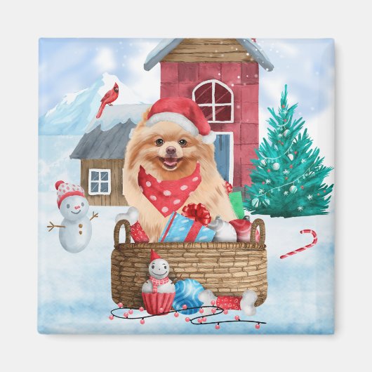 ポメラニア犬ドッグインスノークリスマスドッグ マグネット (正面)