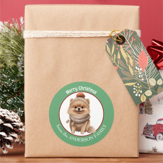 ポメラニア犬ドッグウィンタースカーフとハットクリスマス ラウンドシール (クリスマス)