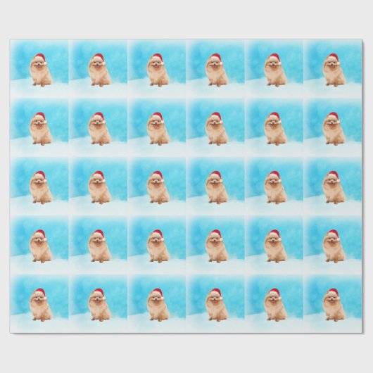 ポメラニア犬ドッグオンクリスマスハットビーチ ラッピングペーパー (フラット)