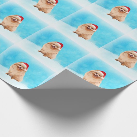 ポメラニア犬ドッグオンクリスマスハットビーチ ラッピングペーパー (角)