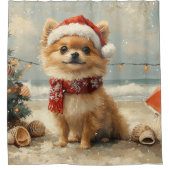 ポメラニア犬ドッグクリスマスヴィンテージビーチ シャワーカーテン (正面)