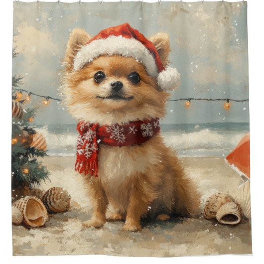 ポメラニア犬ドッグクリスマスヴィンテージビーチ シャワーカーテン (正面)
