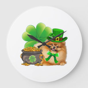 ポメラニア犬ドッグシャムロックSt patricks dayドッグアイリッシュ ラージ壁時計