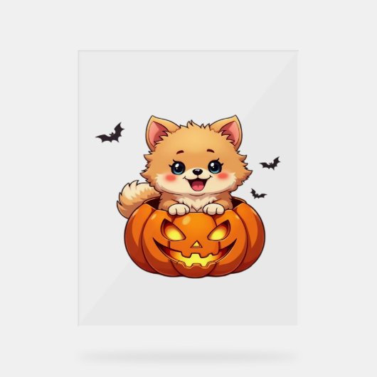 ポメラニア犬ドッグハッピーハローウィンクラシックカボチャT-S アクリルサイン (正面)