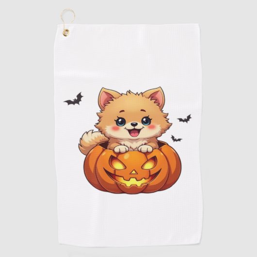 ポメラニア犬ドッグハッピーハローウィンクラシックカボチャT-S ゴルフタオル (正面)