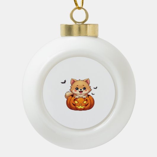 ポメラニア犬ドッグハッピーハローウィンクラシックカボチャT-S セラミックボールオーナメント (正面)