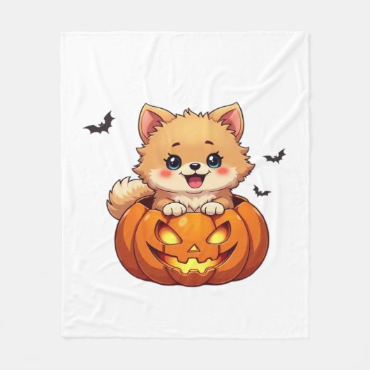 ポメラニア犬ドッグハッピーハローウィンクラシックカボチャT-S フリースブランケット (正面)