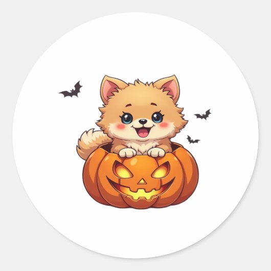 ポメラニア犬ドッグハッピーハローウィンクラシックカボチャT-S ラウンドシール (正面)