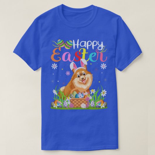 ポメラニア犬ドッグバニーエッグ狩りおもしろいポメラニア犬Hap Tシャツ (デザイン正面)