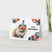 ポメラニア犬ドッグバルーンおよびパーティーハット誕生日 カード (正面)