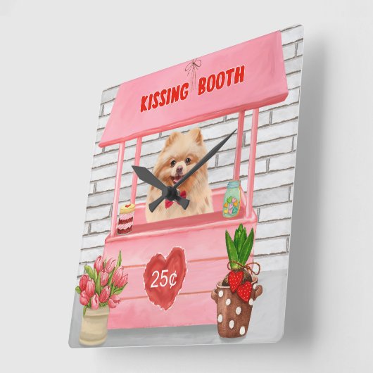 ポメラニア犬ドッグバレンタインデーキスをするス スクエア壁時計 (傾斜)