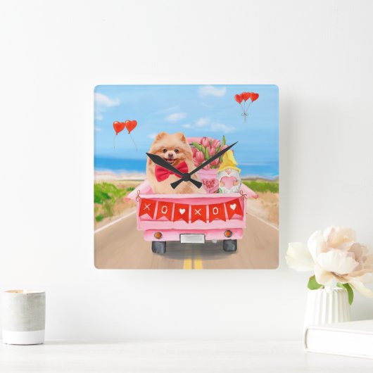 ポメラニア犬ドッグバレンタインデートラックハート スクエア壁時計 (ホーム)