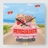 ポメラニア犬ドッグバレンタインデートラックハート スクエア壁時計 (正面)