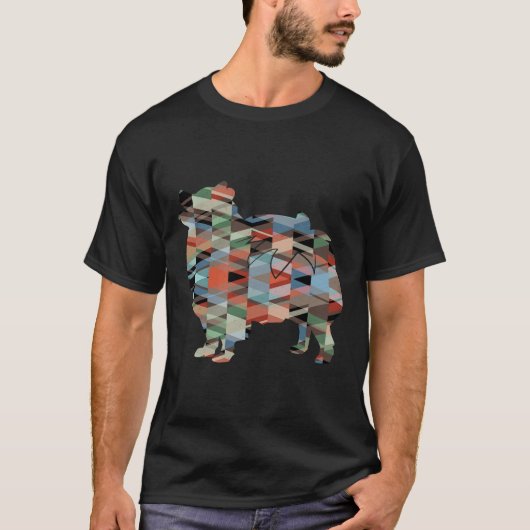 ポメラニア犬ドッグブリードシルエット幾何学模様 Tシャツ (正面)