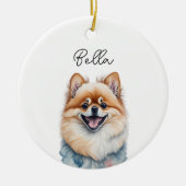 ポメラニア犬ドッグペット名前をカスタムするホリデークリスマス セラミックオーナメント (正面)