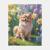 ポメラニア犬ドッグ春の花絵を描ズ フリースブランケット (正面)