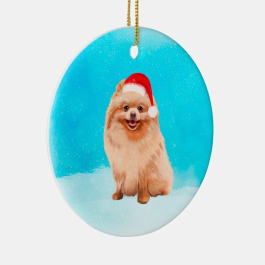 ポメラニア犬ドッグ雪のクリスマスハットに座る セラミックオーナメント (右)