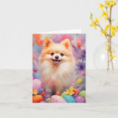 ポメラニア犬ハッピーイースター カード (黄色い花)