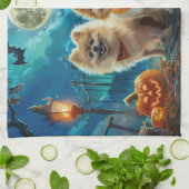 ポメラニア犬ハロウィン不気味 キッチンタオル (折り畳み)