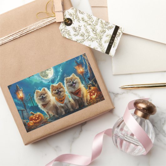 ポメラニア犬ハロウィン不気味 長方形シール (ギフト)