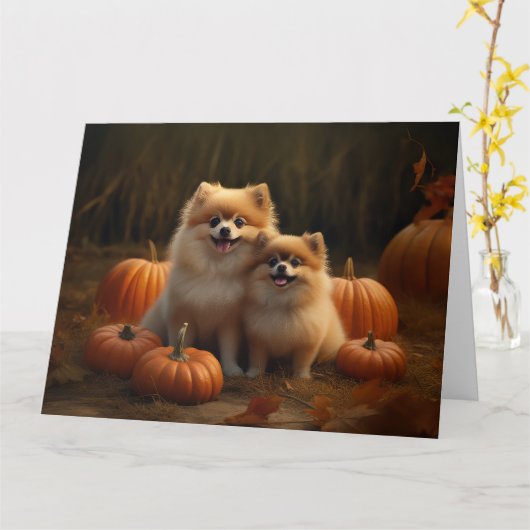 ポメラニア犬パピーオータムデライトカボチャ カード (黄色い花)
