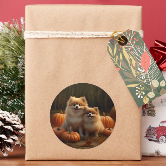 ポメラニア犬パピーオータムデライトカボチャ ラウンドシール (クリスマス)