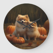 ポメラニア犬パピーオータムデライトカボチャ ラージ壁時計 (正面)