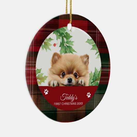 ポメラニア犬パーソナライズされた初めてのクリスマス セラミックオーナメント (右)