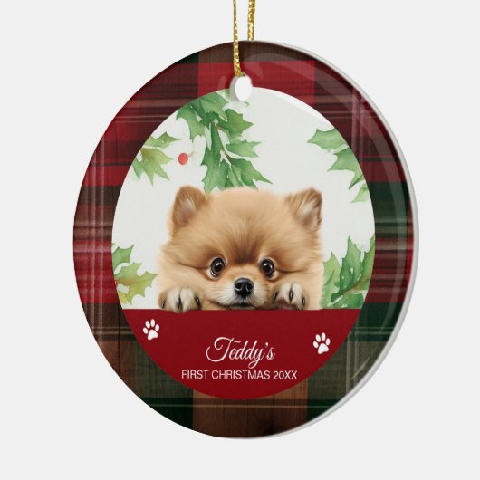 ポメラニア犬パーソナライズされた初めてのクリスマス セラミックオーナメント (左)