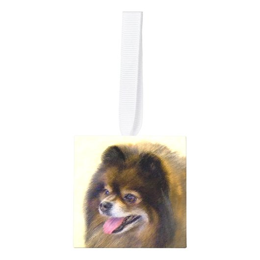 ポメラニア犬ブラック&タン絵画ズオリジナルドッグアート キューブオーナメント (正面)