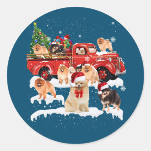 ポメラニア犬ライディングレッドトラッククリスマスメリークリスマス ラウンドシール