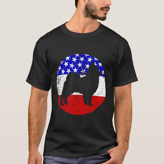 ポメラニア犬レトロドッグアメリカン国旗 Tシャツ (正面)