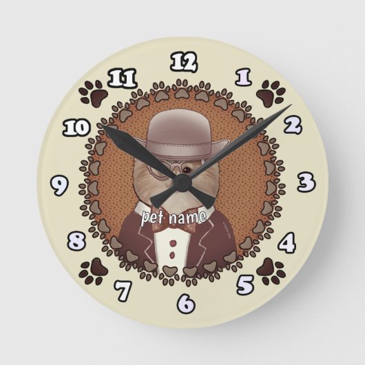 ポメラニア犬付き眼鏡 ラウンド壁時計 (正面)