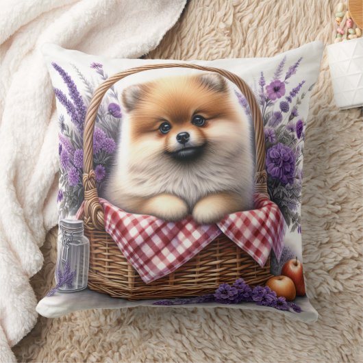 ポメラニア犬子犬の水の色ワイルドフラワーピクニック クッション (ブランケット)